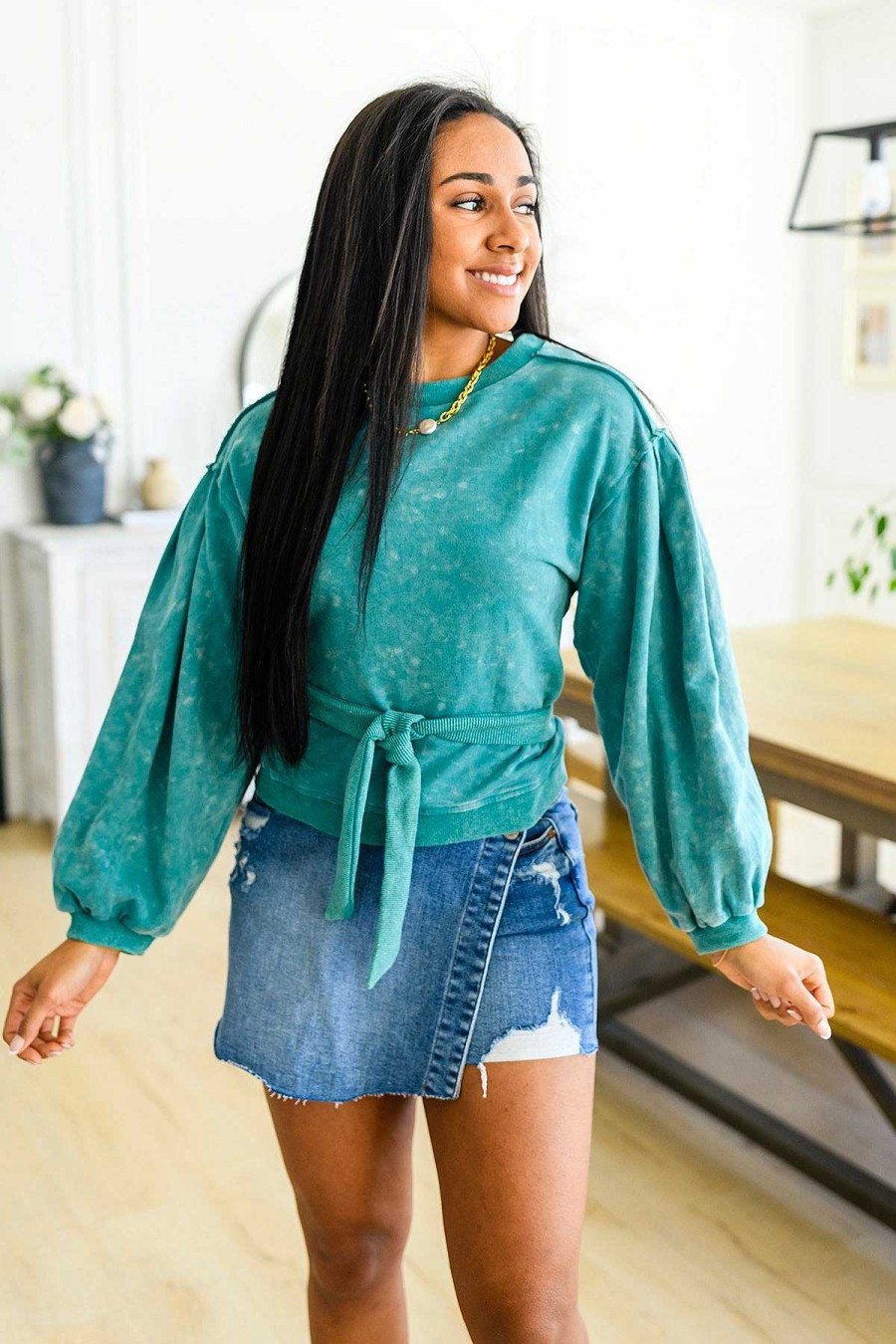 Clothing Ave Shops Sweaters | Tied Up In Cuteness Mineral Wash Sweater In Teal