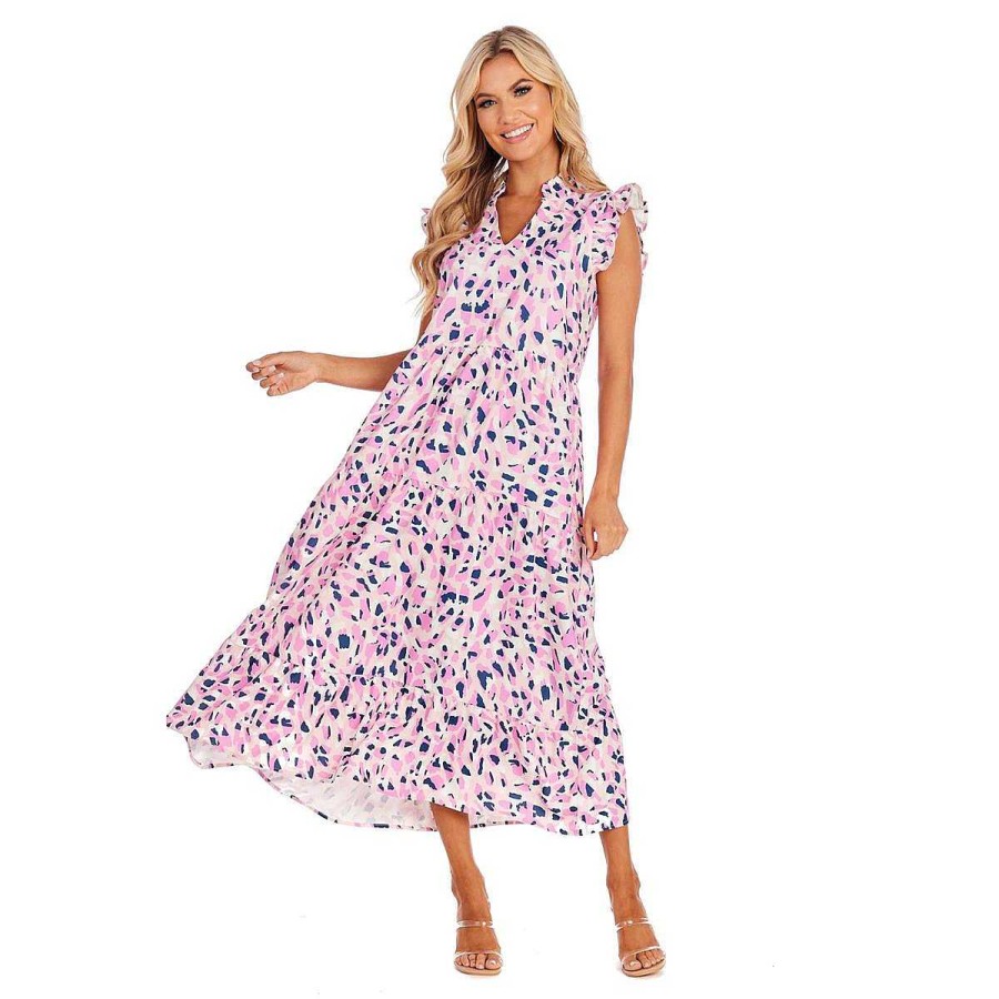 Clothing Mud Pie Maxi Dresses | Adair Abstract Tiered Maxi Dress By Mud Pie - Pink Dot