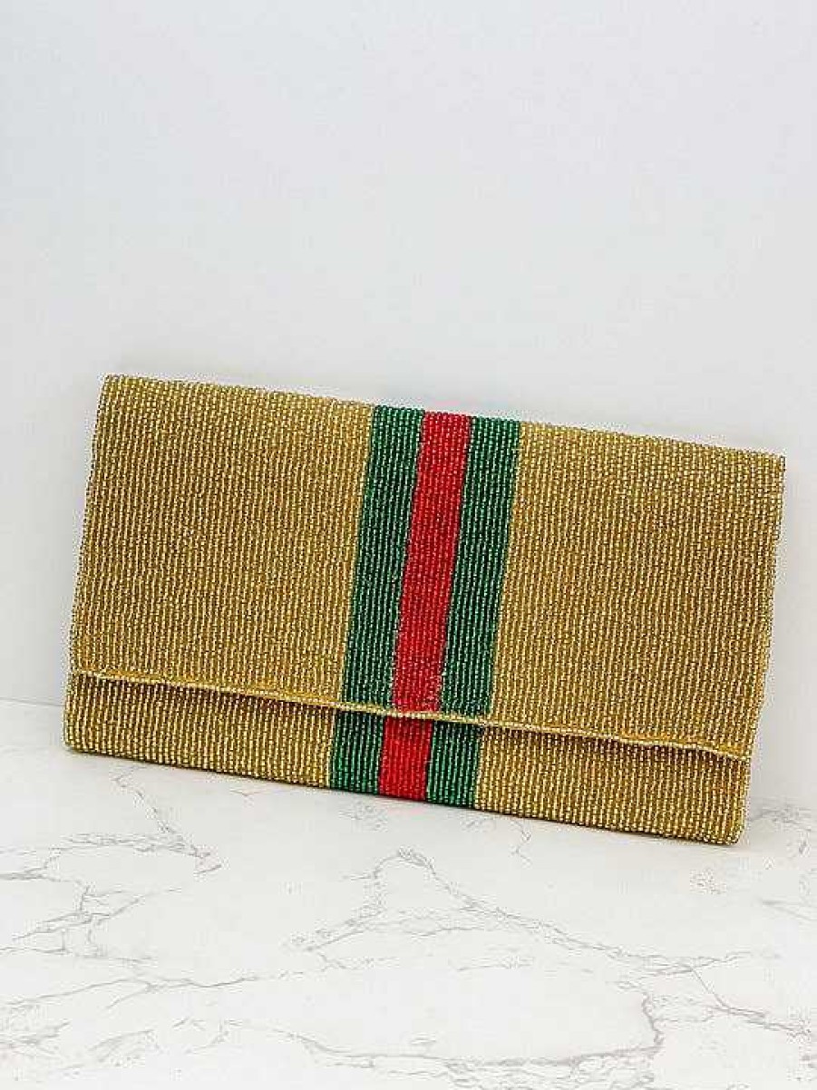 Accessories Prep Obsessed TI Crossbody Bags | Green & Red Stripe Crossbody Chain Clutch - Gold