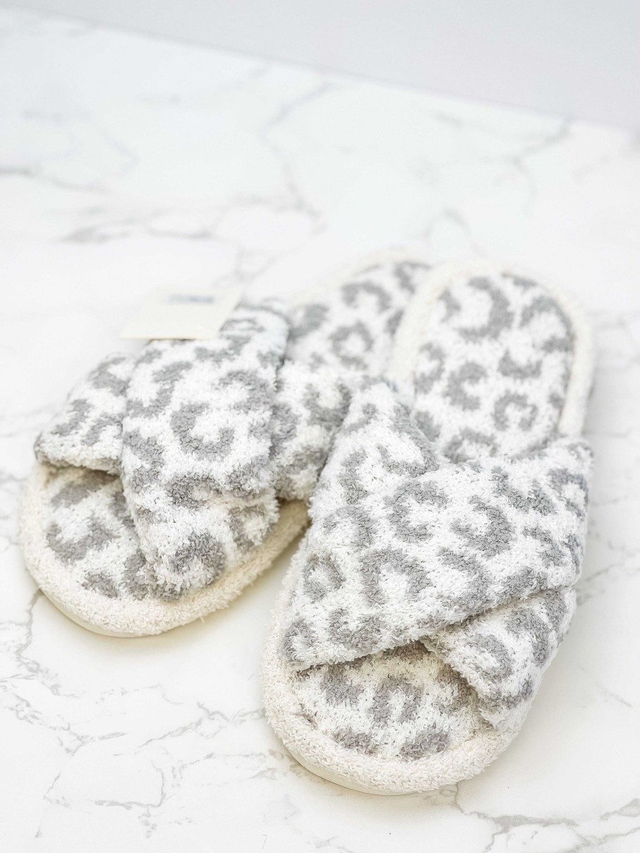 Shoes Prep Obsessed JTC | Leopard Criss Cross Fuzzy Slippers - Gray