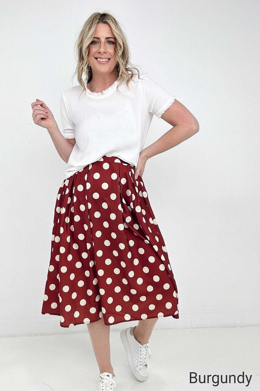 Clothing Kiwidrop Skirts | Jade By Jane Polka Dot Pleated Midi Skirt