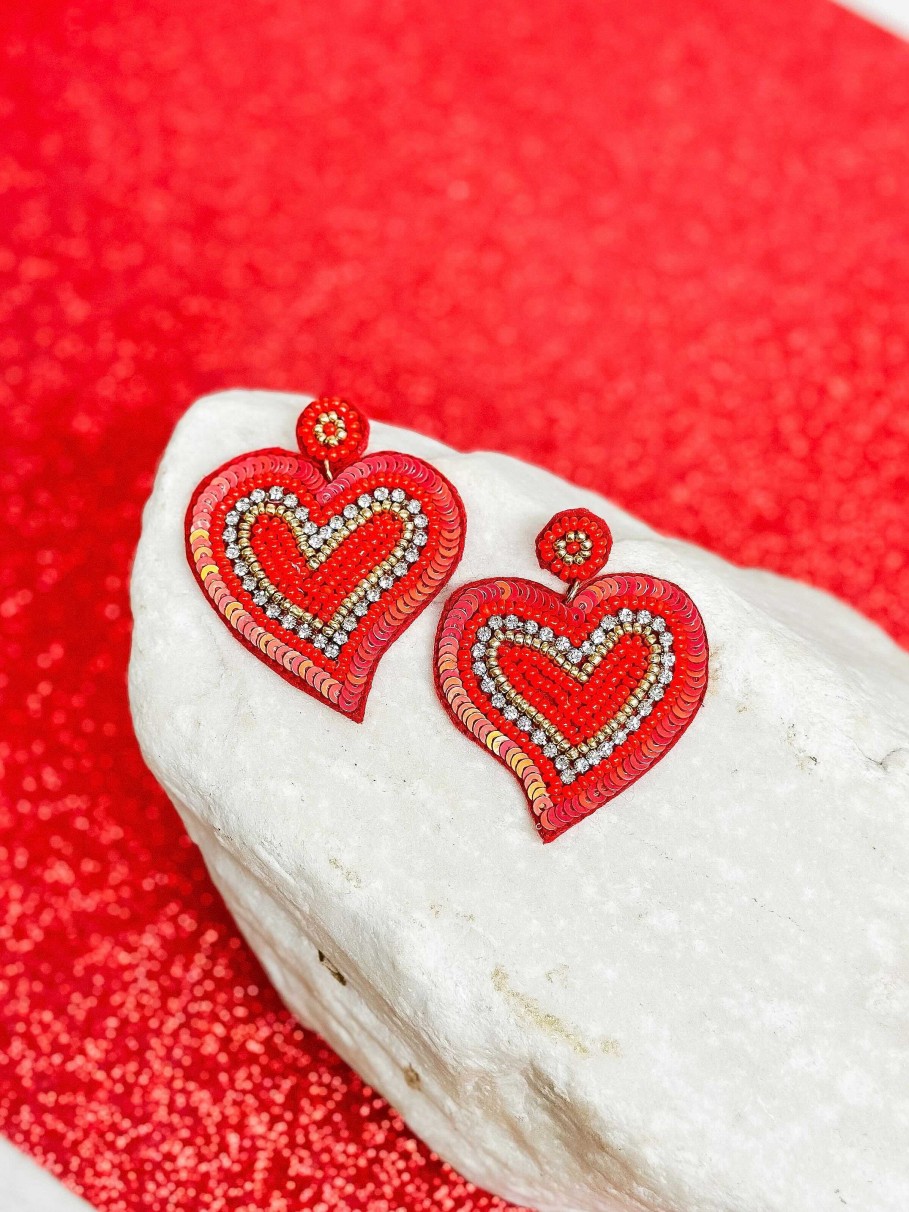 Clothing Prep Obsessed W&T Vests | Rhinestone Sequin Heart Statement Earrings - Red