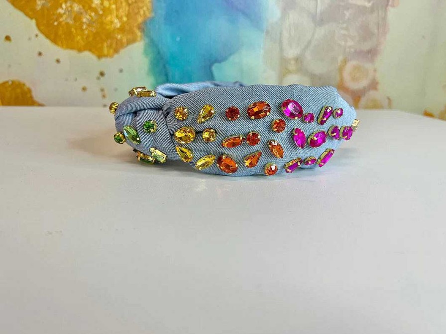 Accessories Brianna Cannon Hair Ties & Clips | Denim Headband With Rainbow Gradient Hand-Sewn Crystals By Brianna Cannon