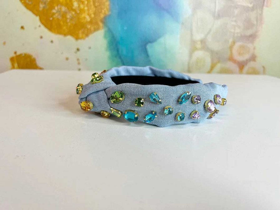 Accessories Brianna Cannon Hair Ties & Clips | Denim Headband With Rainbow Gradient Hand-Sewn Crystals By Brianna Cannon