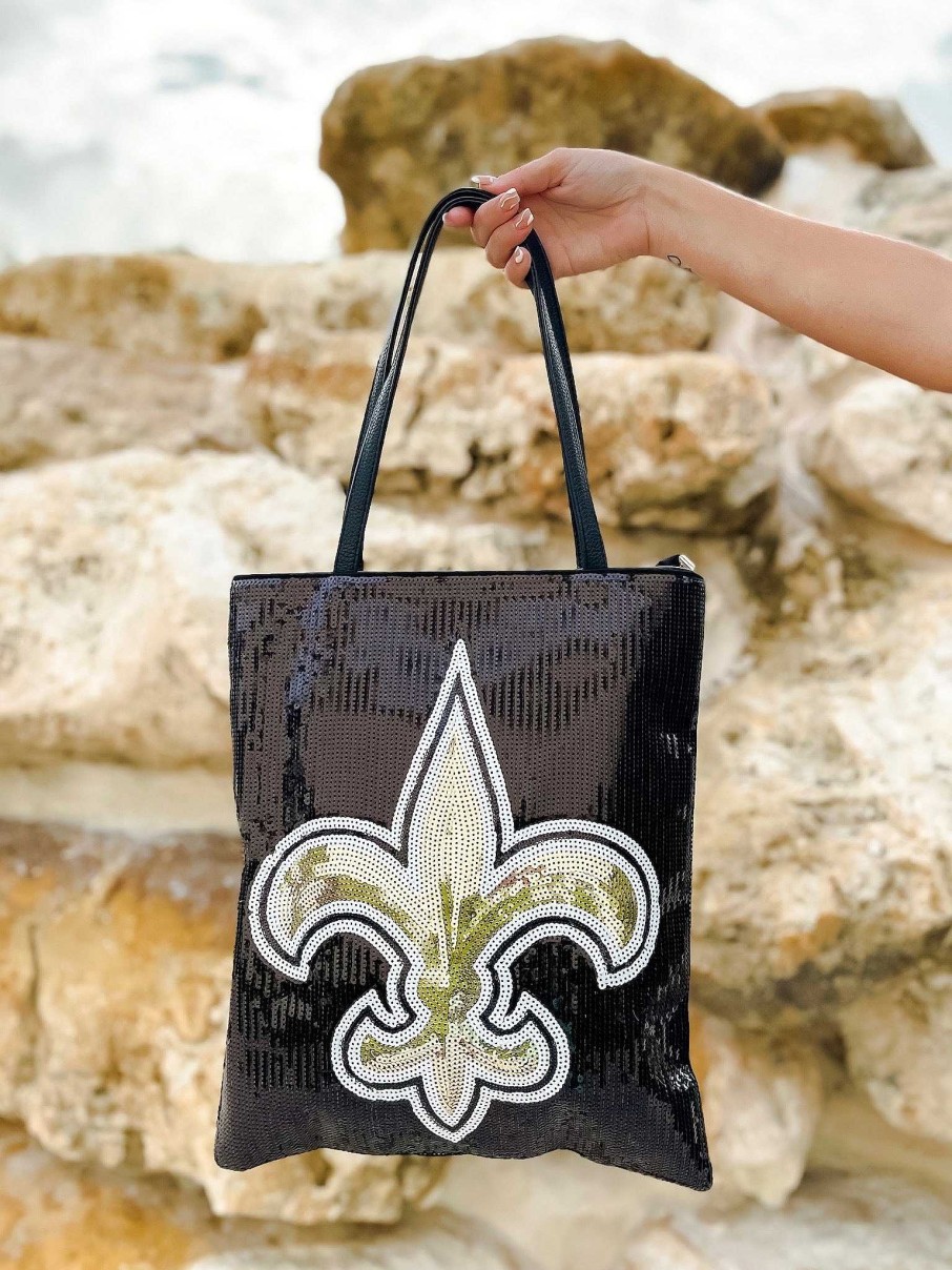 Accessories Prep Obsessed UNNI Tote Bags | Black Sequin Fleur-De-Lis Tote Bag