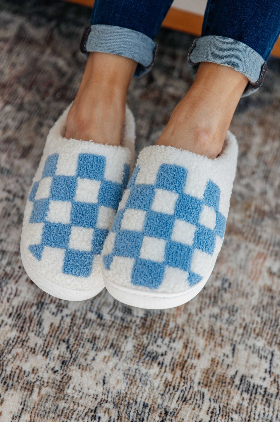 Shoes Ave Shops | Checked Out Slippers In Blue - 12/4