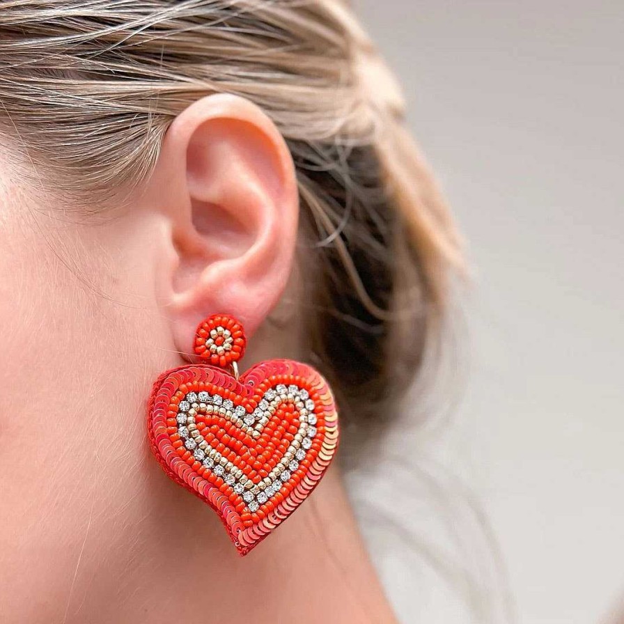 Clothing Prep Obsessed W&T Vests | Rhinestone Sequin Heart Statement Earrings - Red