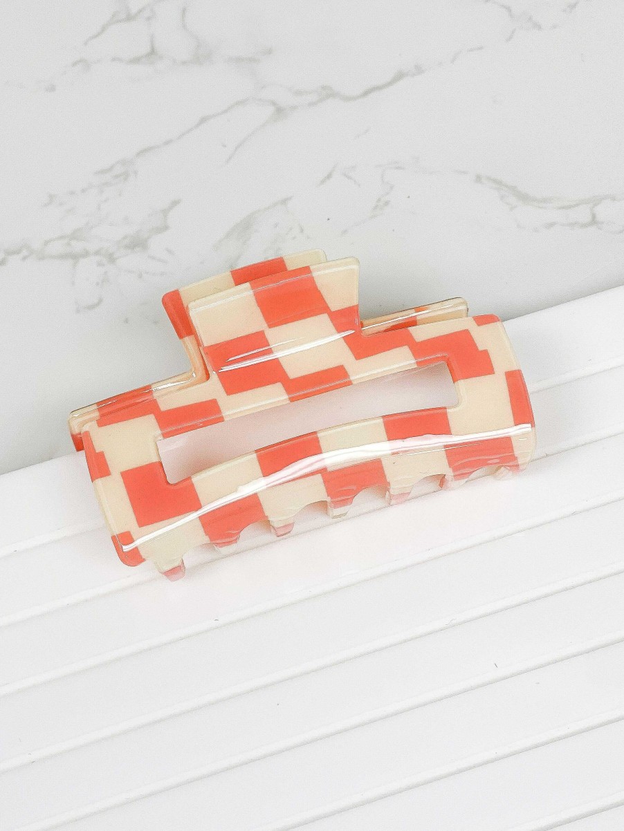 Accessories Prep Obsessed GS Hair Ties & Clips | Retro Checker Square Claw Clip - Coral