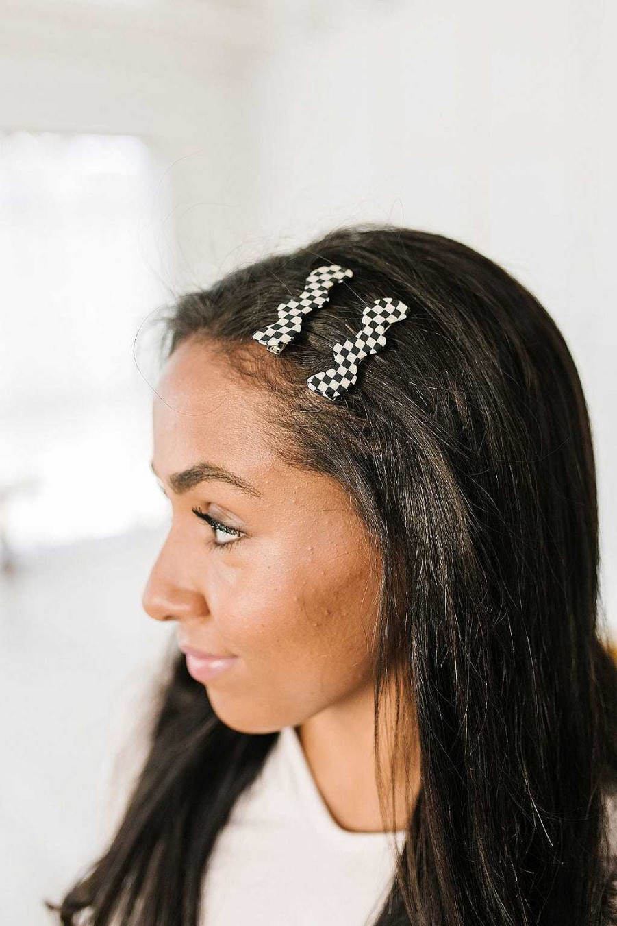 Accessories Ave Shops Hair Ties & Clips | Wavy Clip Set In Checkered Black (Ships In 1-2 Weeks)