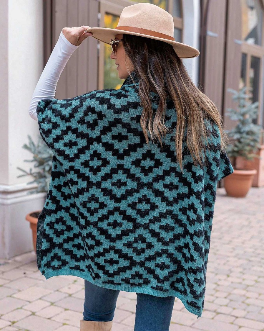 Clothing Grace and Lace Sweaters | Teal Aztec Cozy Cowl Neck Pullover By Grace & Lace (Ships In 2 Weeks)