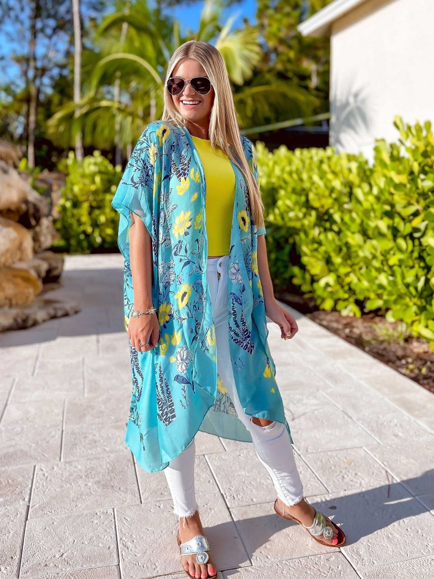 Clothing Prep Obsessed MIZ Kimonos | Vintage Floral Open Front Kimono - Turquoise