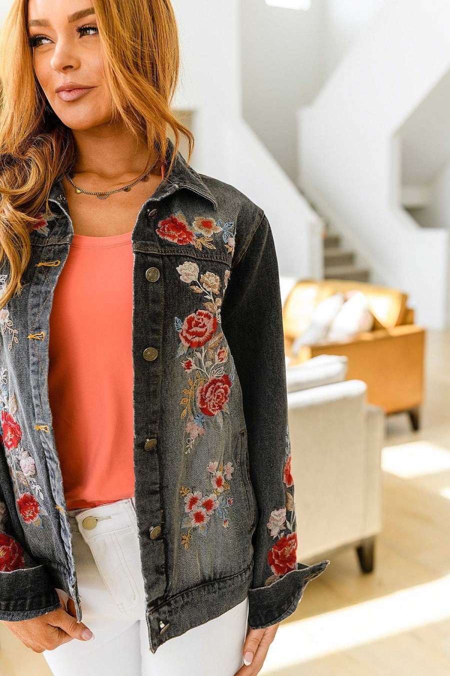 Clothing Ave Shops Jackets | Lovely Visions Flower Embroidered Jacket