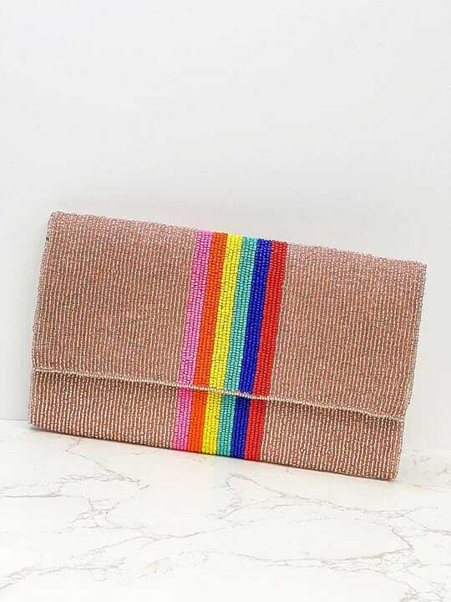 Accessories Prep Obsessed TI Crossbody Bags | Rainbow Stripe Crossbody Chain Clutch - Pink