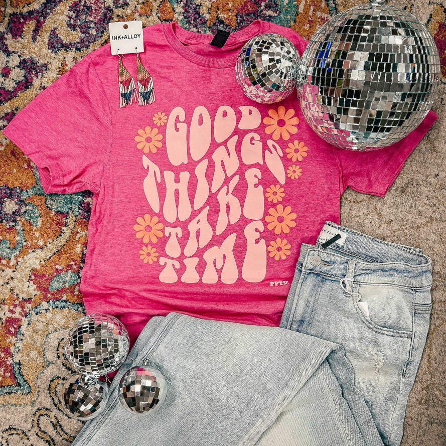 Clothing Prickly Pear TX Graphic Tees | Good Things Take Time' Groovy Short Sleeve Graphic Tee