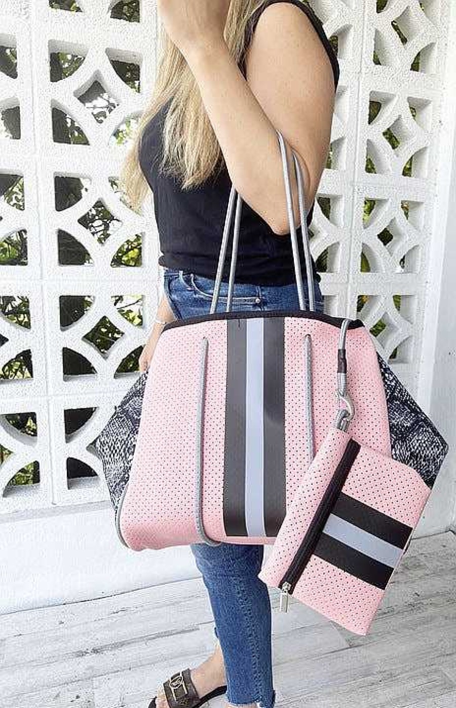 Accessories Prep Obsessed UNNI Tote Bags | Neoprene Tote Bag - Pink Snakeskin