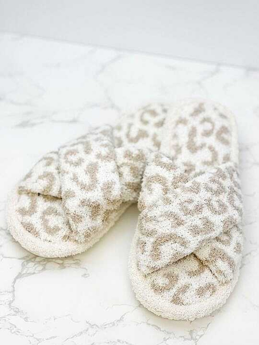 Shoes Prep Obsessed JTC | Leopard Criss Cross Fuzzy Slippers - Beige