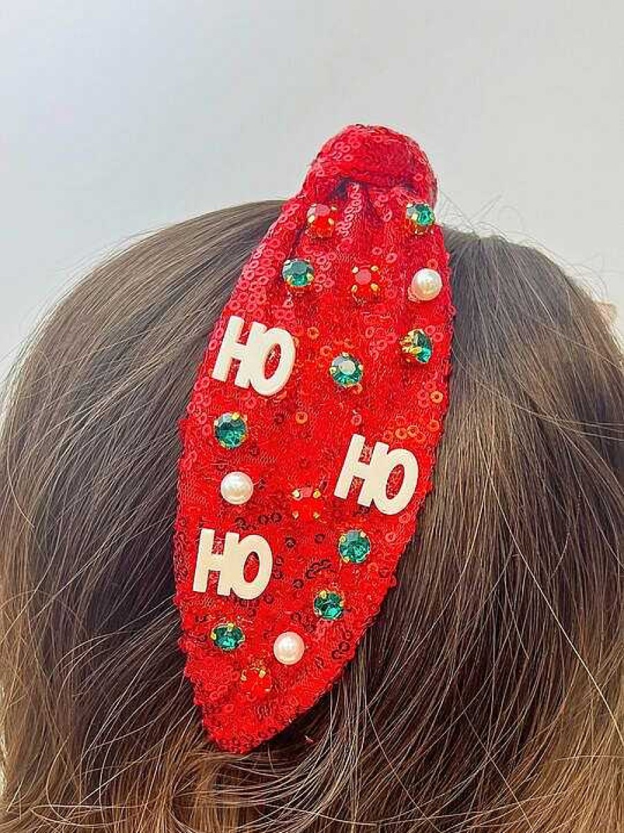 Accessories Prep Obsessed JS Headbands | Ho Ho Ho' Embellished Sequin Top Knot Headband - Red