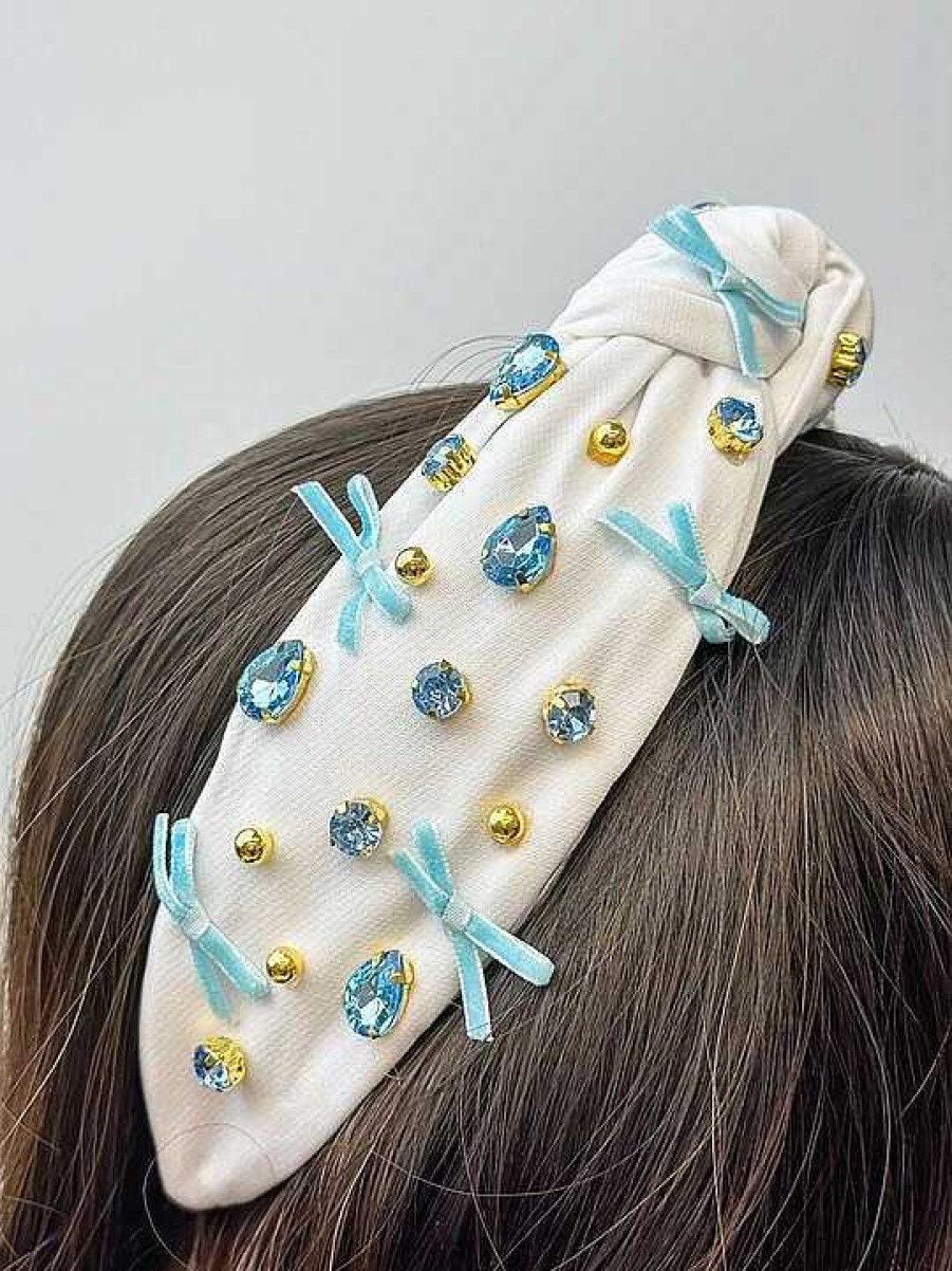 Accessories Prep Obsessed JS Headbands | Ribbon & Jewel Top Knot Headband - Blue