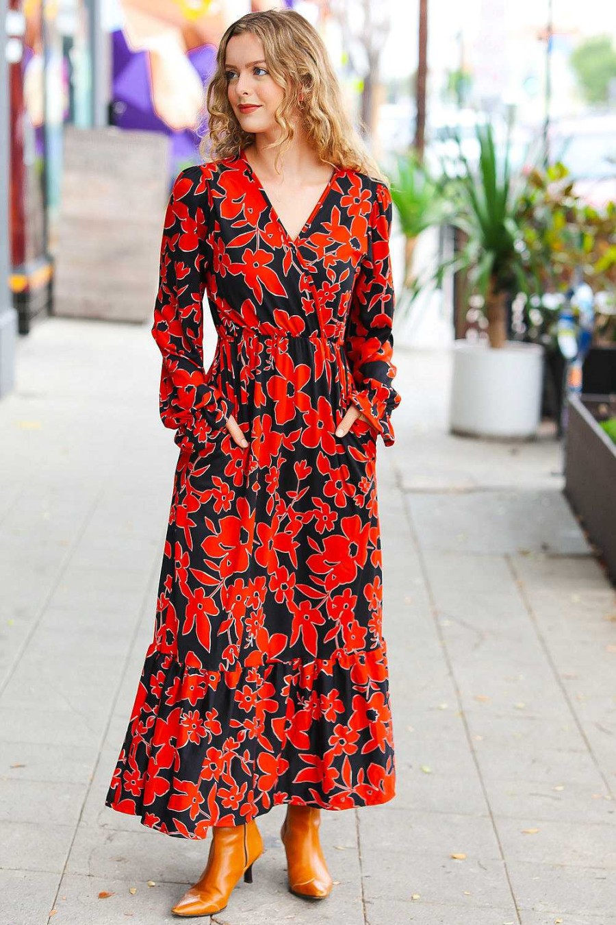 Clothing Haptics Maxi Dresses | It'S A Match Black & Rust Floral Surplice Maxi Dress (Shipping In 1-2 Weeks)