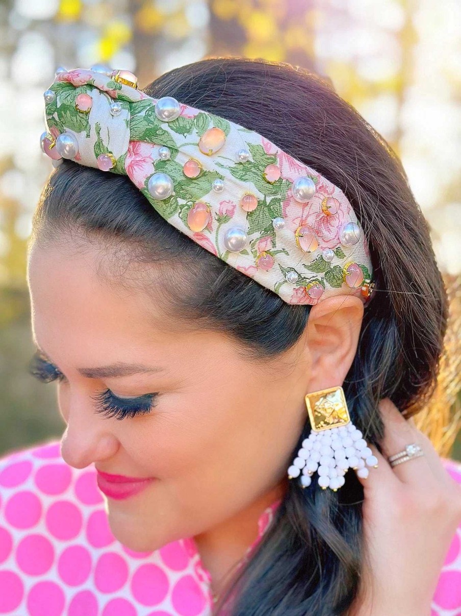 Accessories Brianna Cannon Hair Ties & Clips | Light Pink Hibiscus Crystal & Pearl Embellished Headband By Brianna Cannon