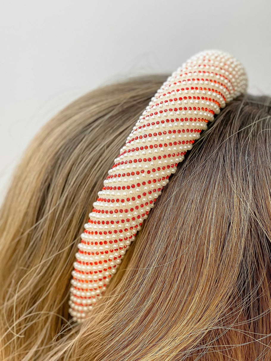 Accessories Prep Obsessed FC Headbands | Pearl & Rhinestone Striped Padded Headband - Red