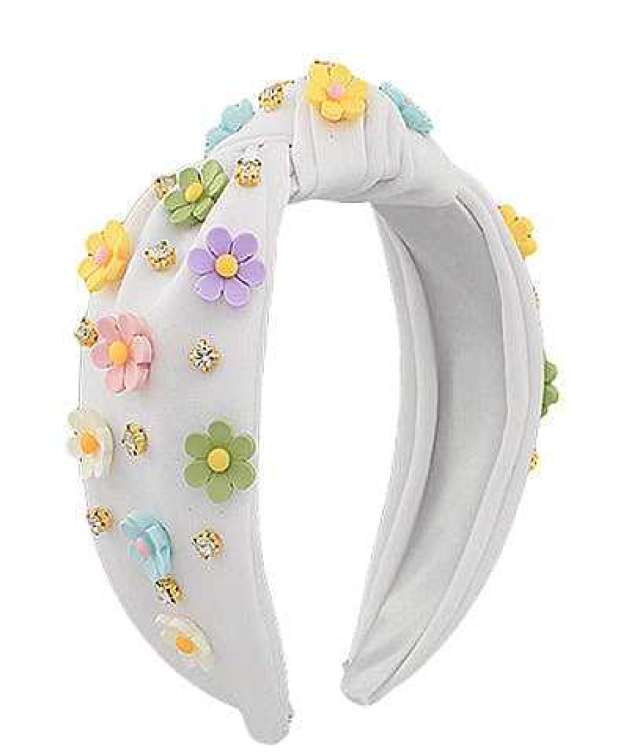 Accessories Prep Obsessed GS Headbands | Pastel Flower Embellished Knotted Headband - White