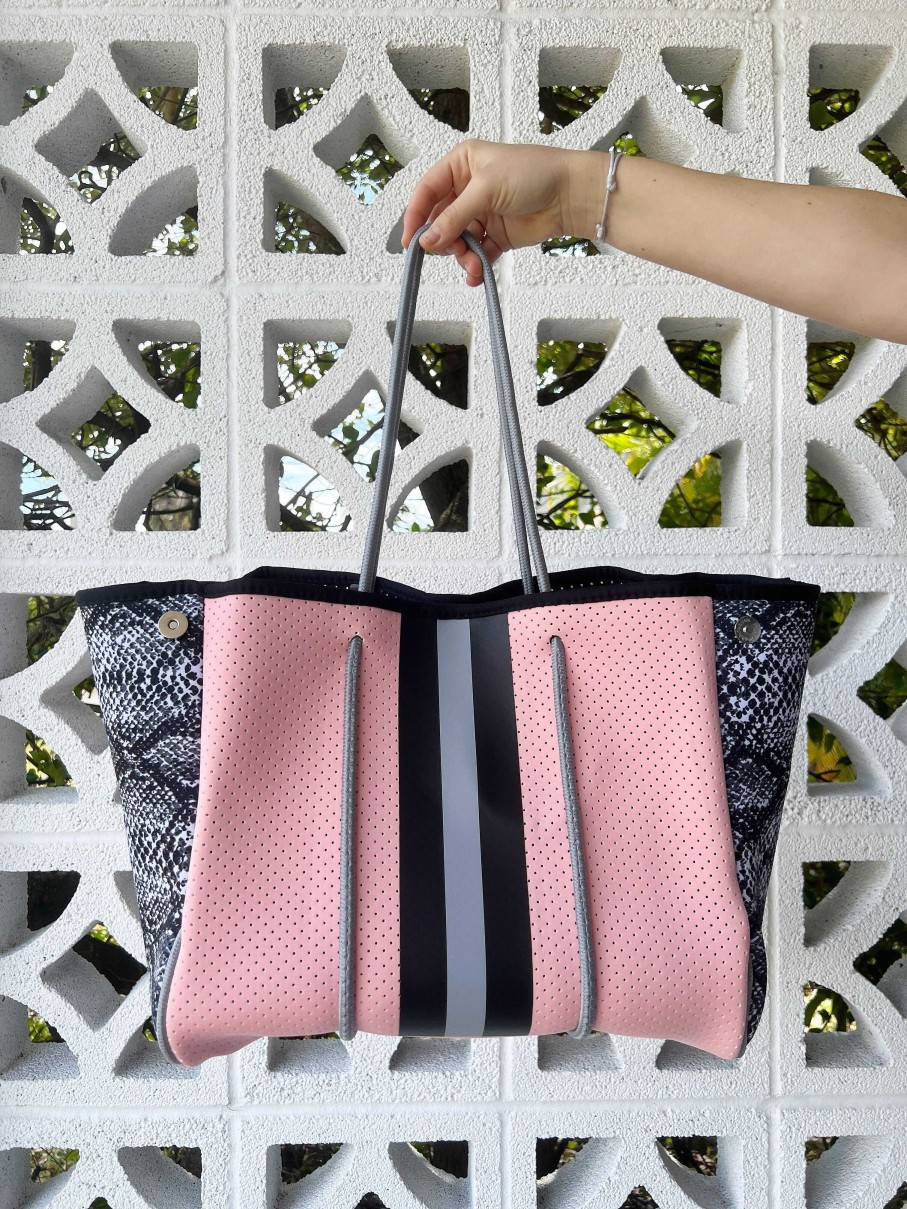 Accessories Prep Obsessed UNNI Tote Bags | Neoprene Tote Bag - Pink Snakeskin