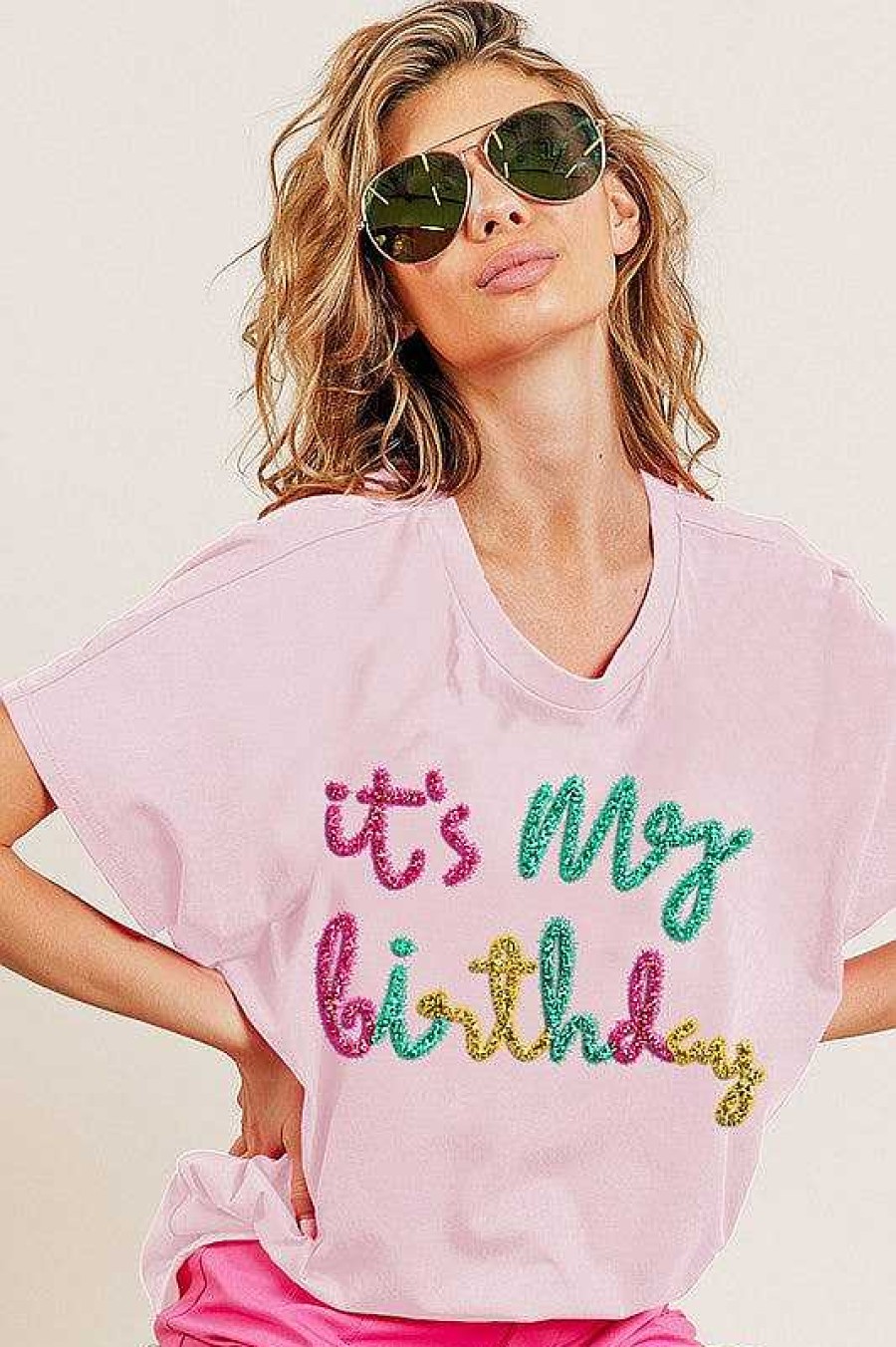 Clothing Bibi Preppy Tees | It'S My Birthday' Metallic Letter Dolman Top - Blush