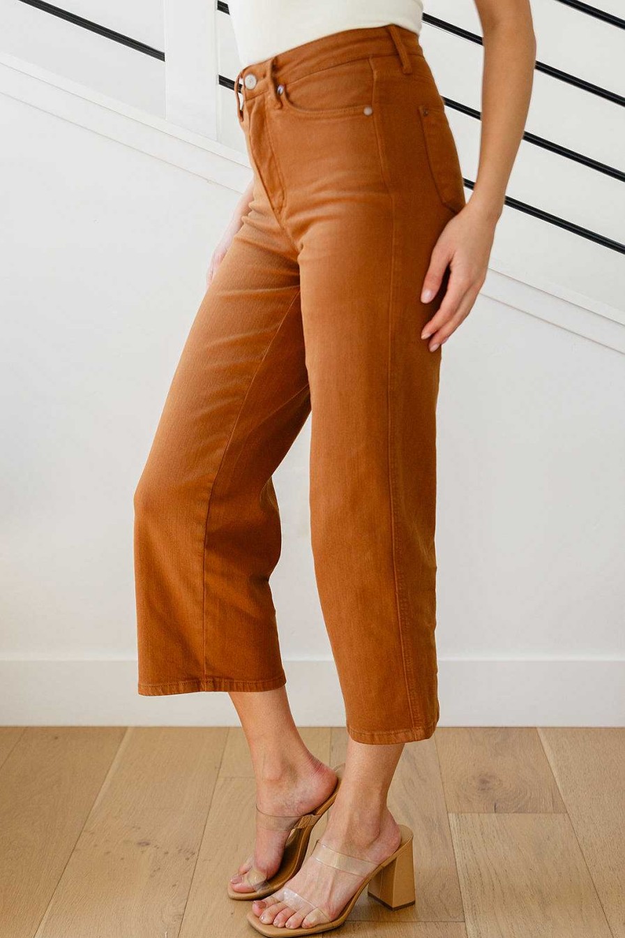 Clothing Ave Shops Denim | Briar High Rise Control Top Wide Leg Crop Jeans In Camel By Judy Blue