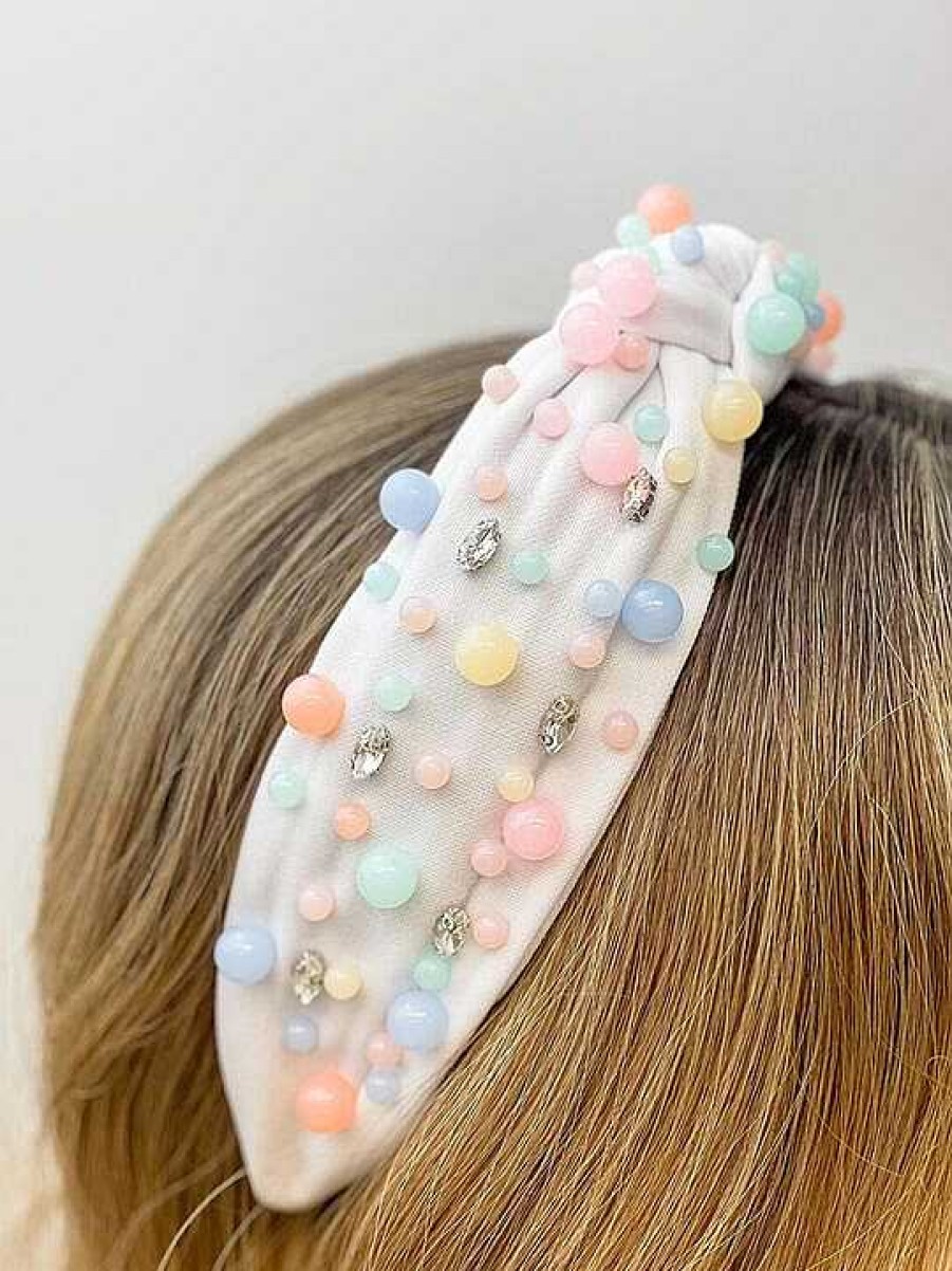 Accessories Prep Obsessed Headbands | Pastel Bead Top Knot Headband - White