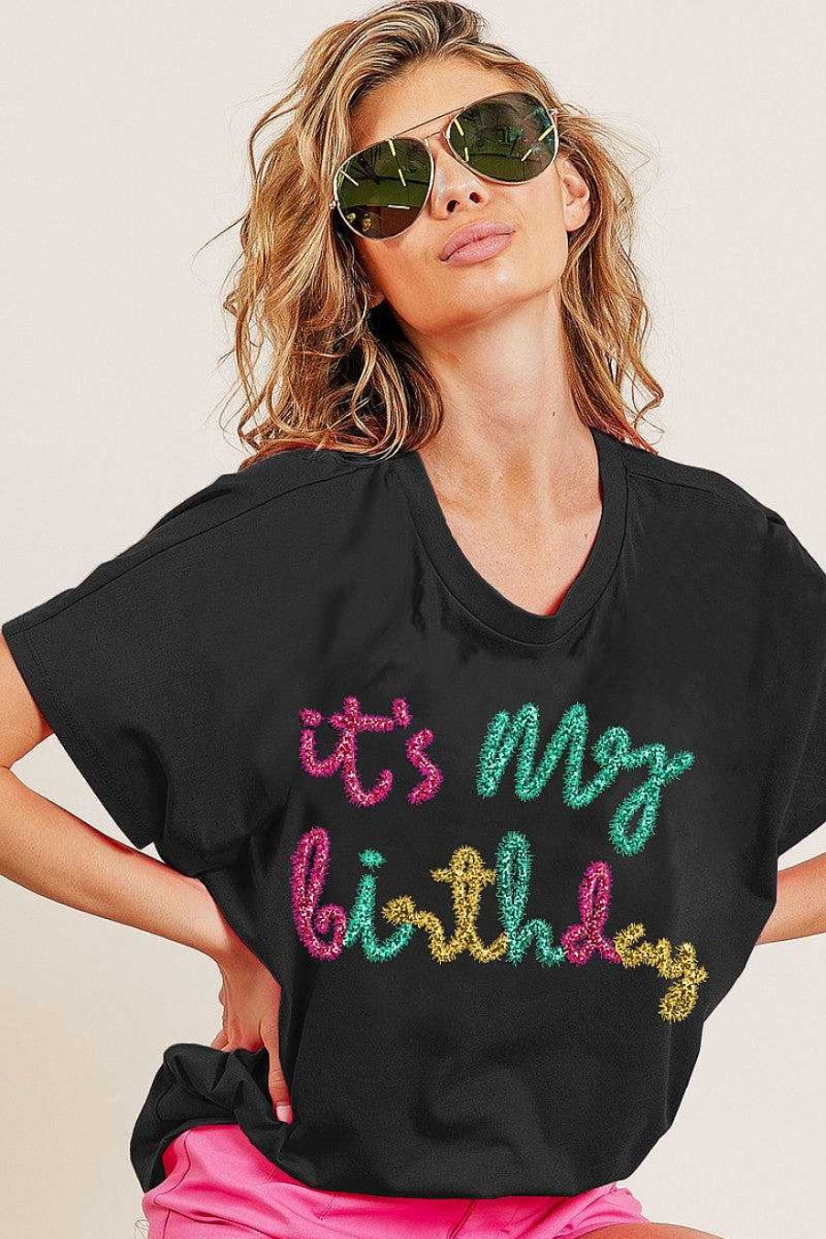 Clothing Bibi Preppy Tees | It'S My Birthday' Metallic Letter Dolman Top - Black