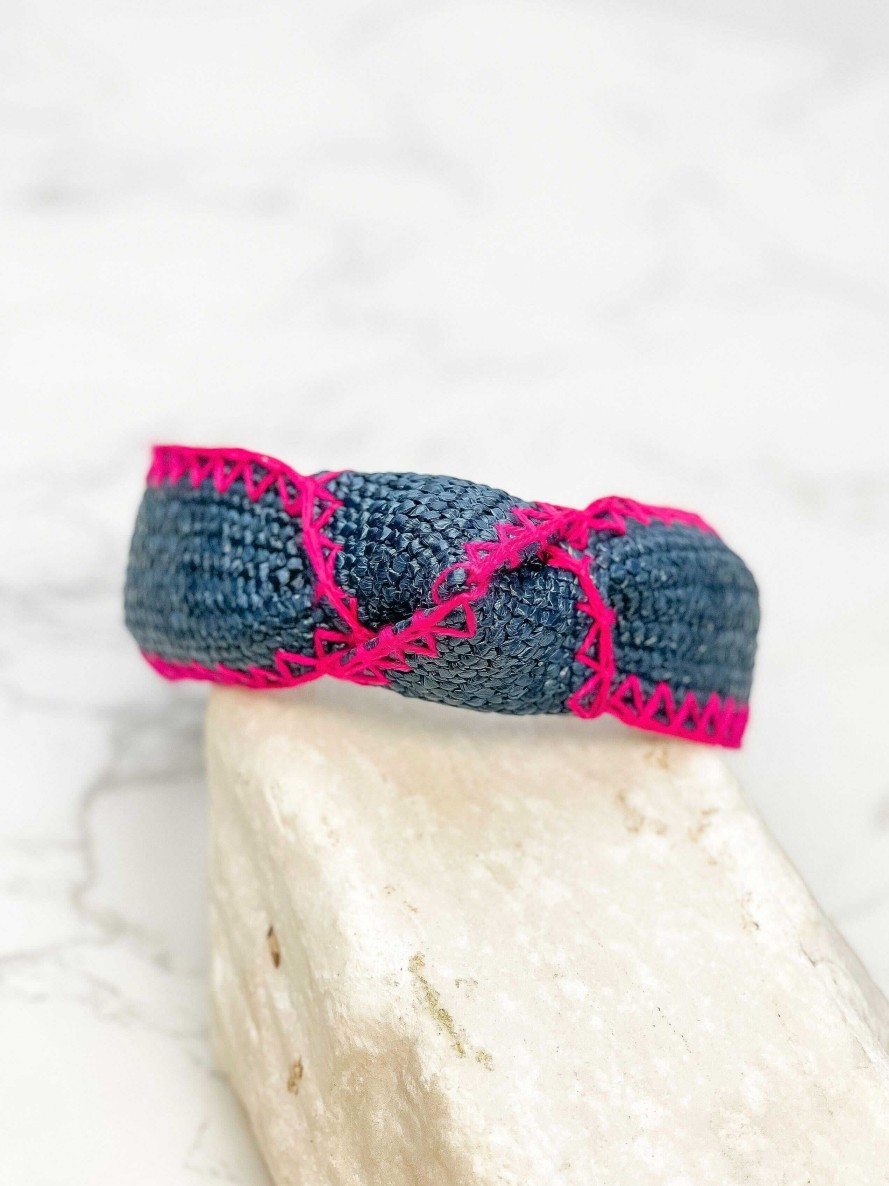 Accessories Prep Obsessed FC Headbands | Stitched Raffia Knotted Headband - Navy