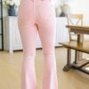 Clothing Ave Shops Denim | Feminine Flair Mid Rise Distressed Flares In Pastel Pink By Judy Blue