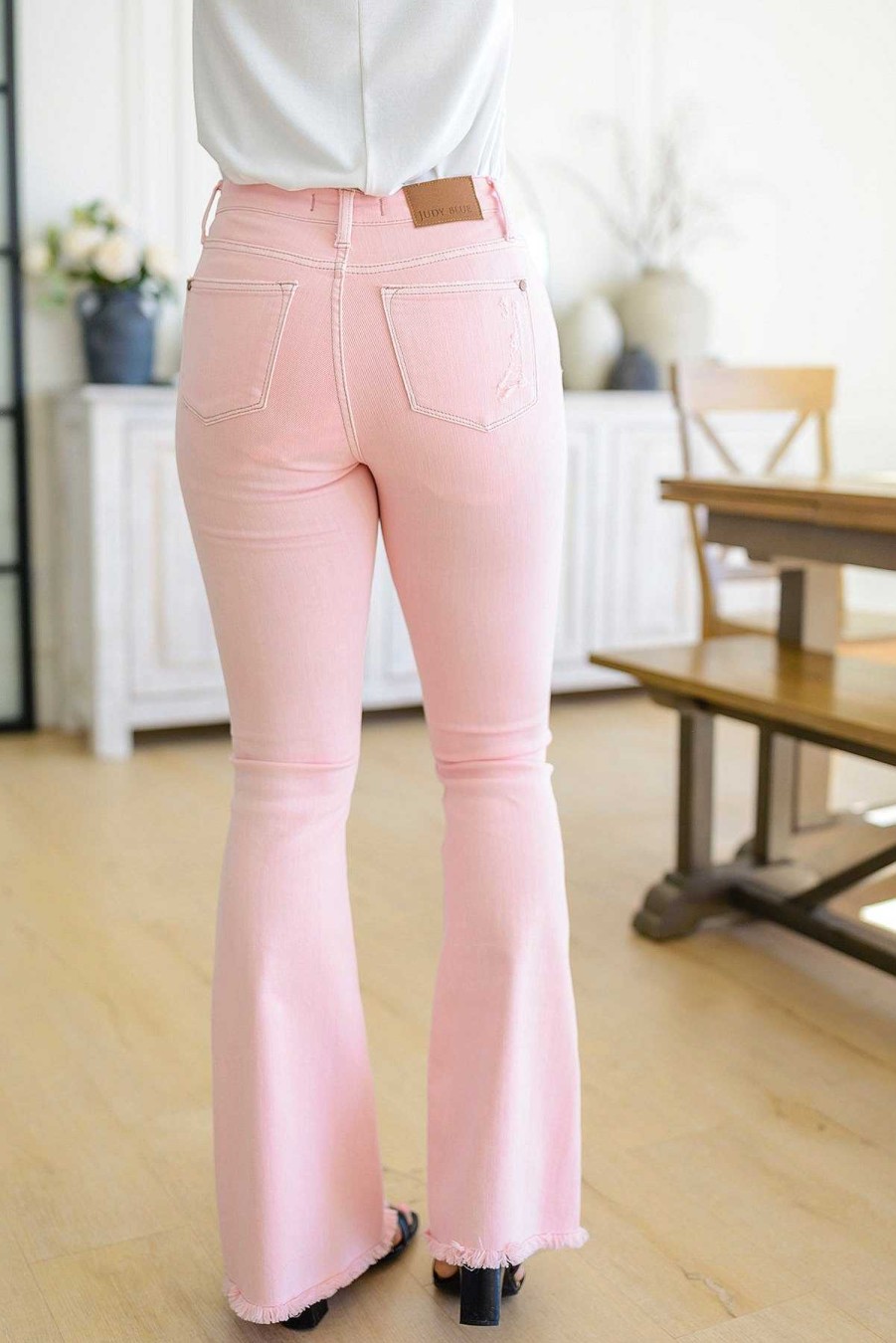 Clothing Ave Shops Denim | Feminine Flair Mid Rise Distressed Flares In Pastel Pink By Judy Blue