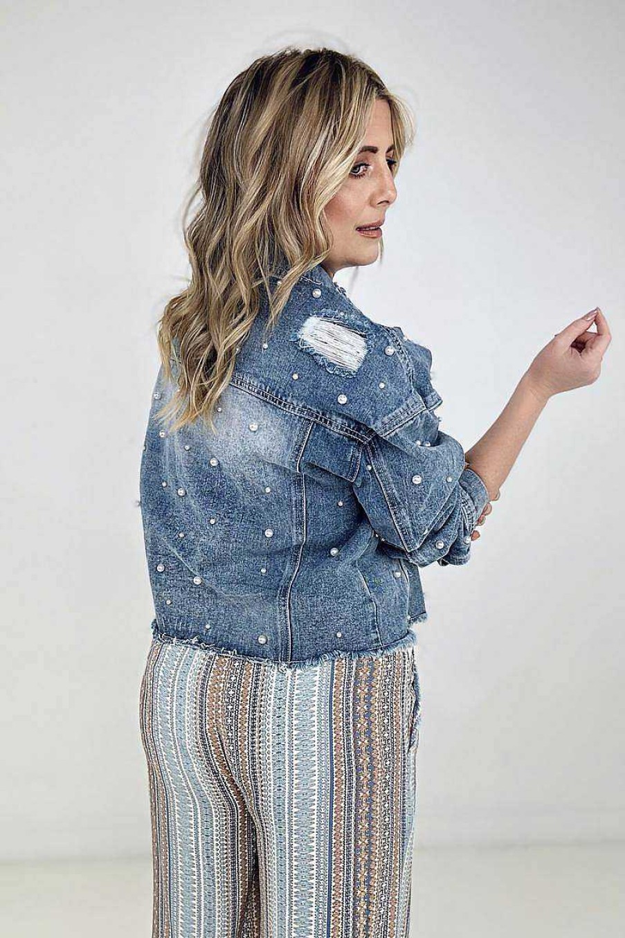 Clothing Kiwidrop Jackets | Pearl Embellished Ripped Button Down Denim Jacket