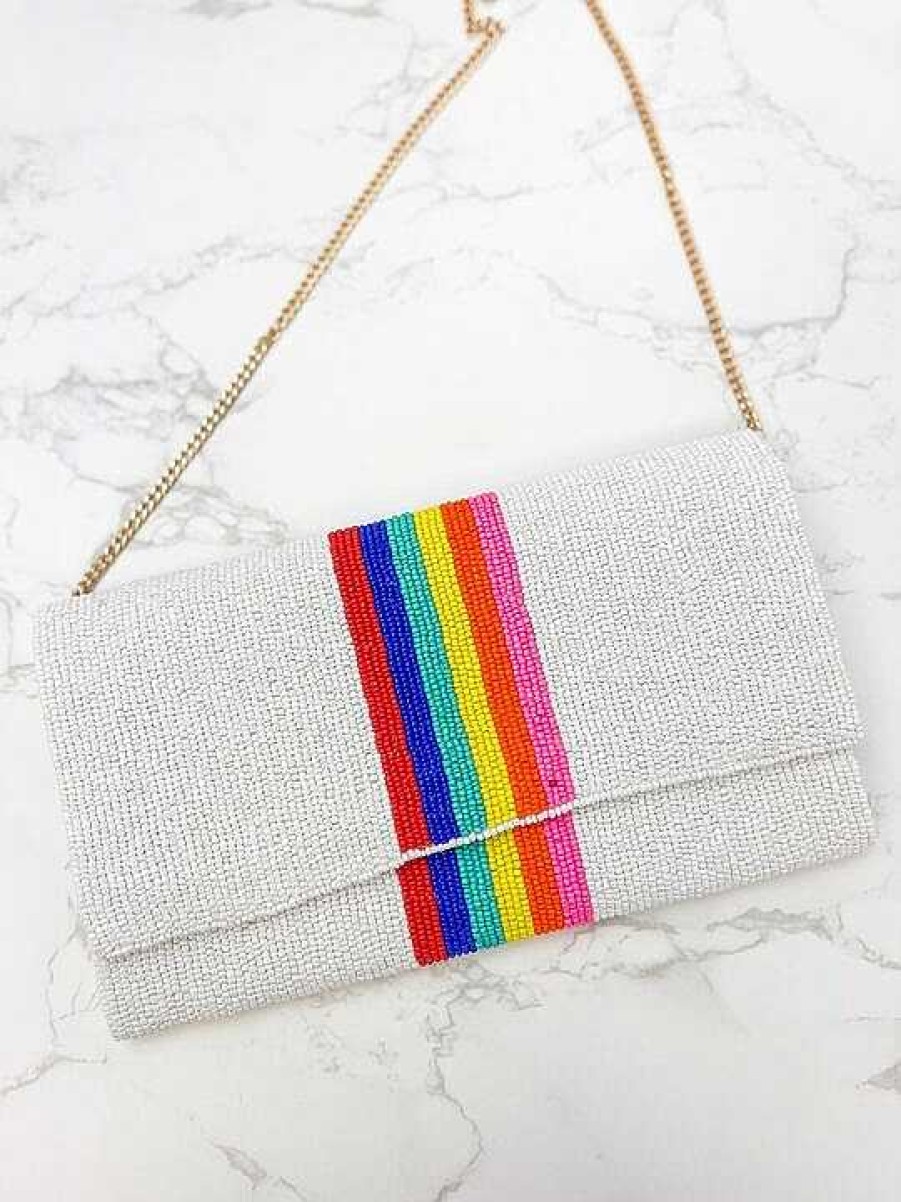 Accessories Prep Obsessed TI Crossbody Bags | Rainbow Stripe Crossbody Chain Clutch - White