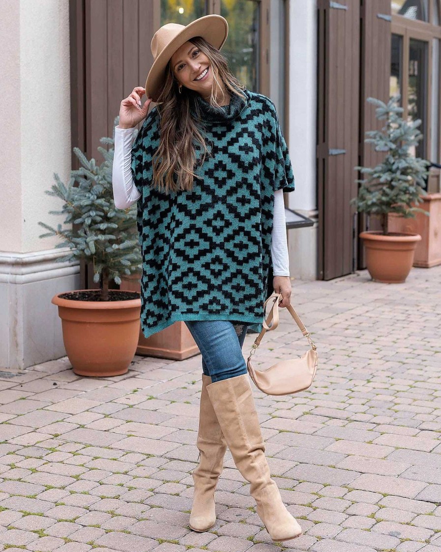 Clothing Grace and Lace Sweaters | Teal Aztec Cozy Cowl Neck Pullover By Grace & Lace (Ships In 2 Weeks)