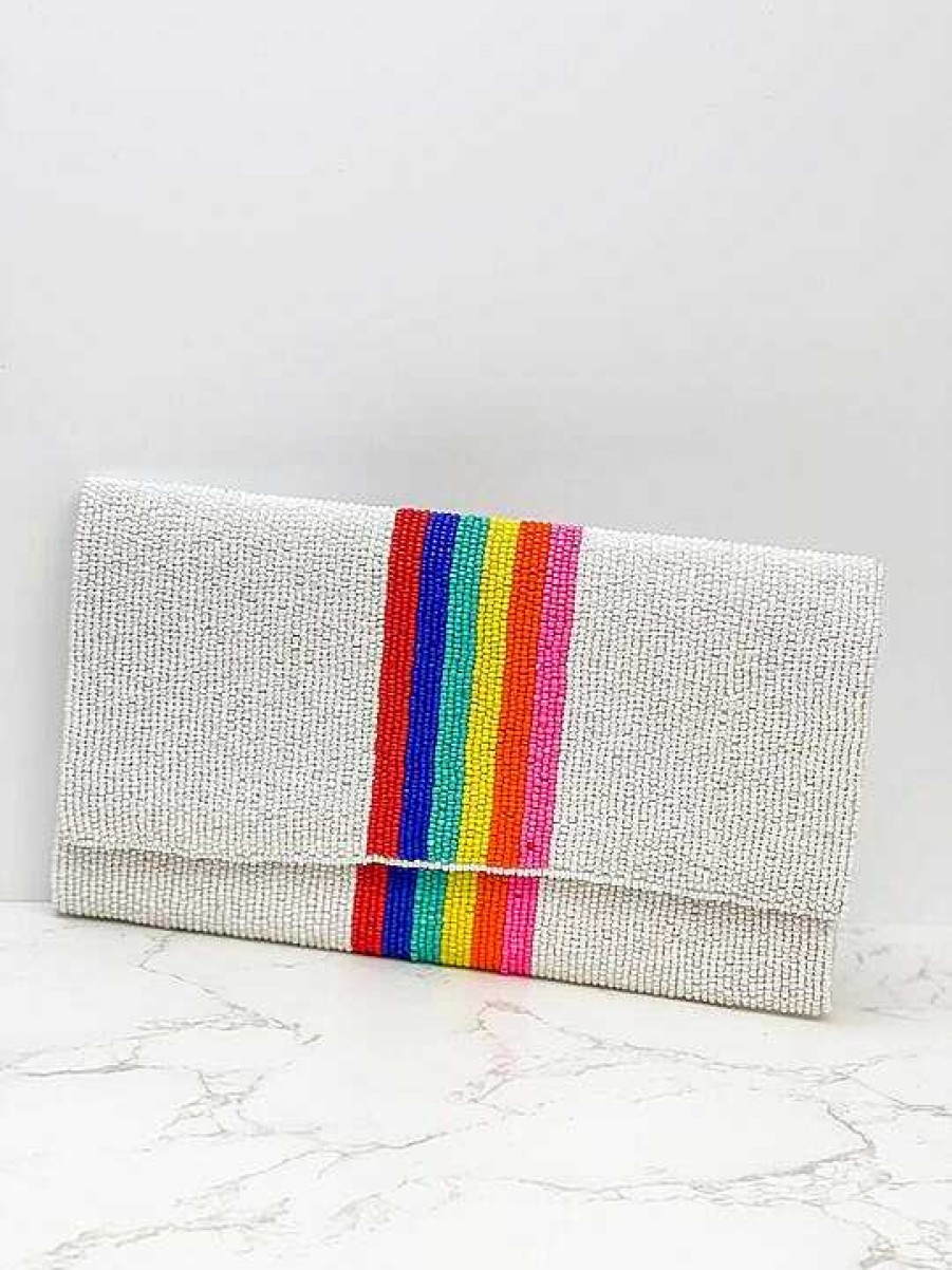 Accessories Prep Obsessed TI Crossbody Bags | Rainbow Stripe Crossbody Chain Clutch - White