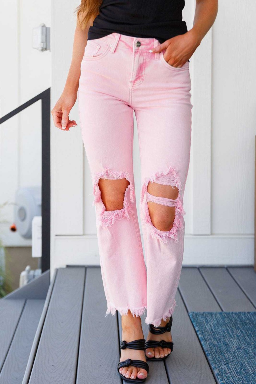 Clothing Ave Shops Denim | Babs Distressed Straight Jeans In Pink By Judy Blue