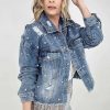 Clothing Kiwidrop Jackets | Pearl Embellished Ripped Button Down Denim Jacket