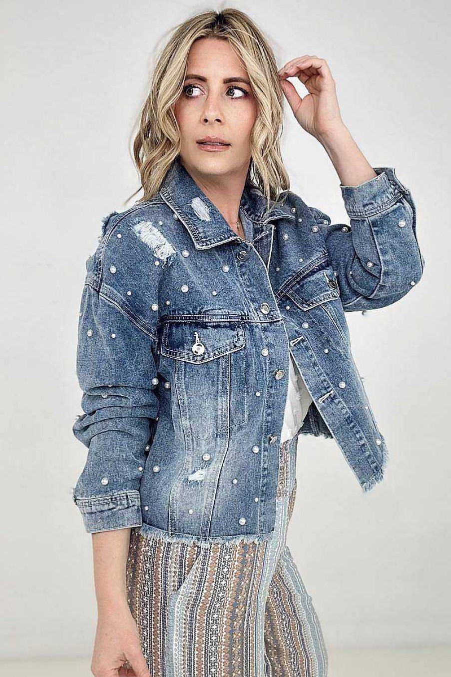 Clothing Kiwidrop Jackets | Pearl Embellished Ripped Button Down Denim Jacket