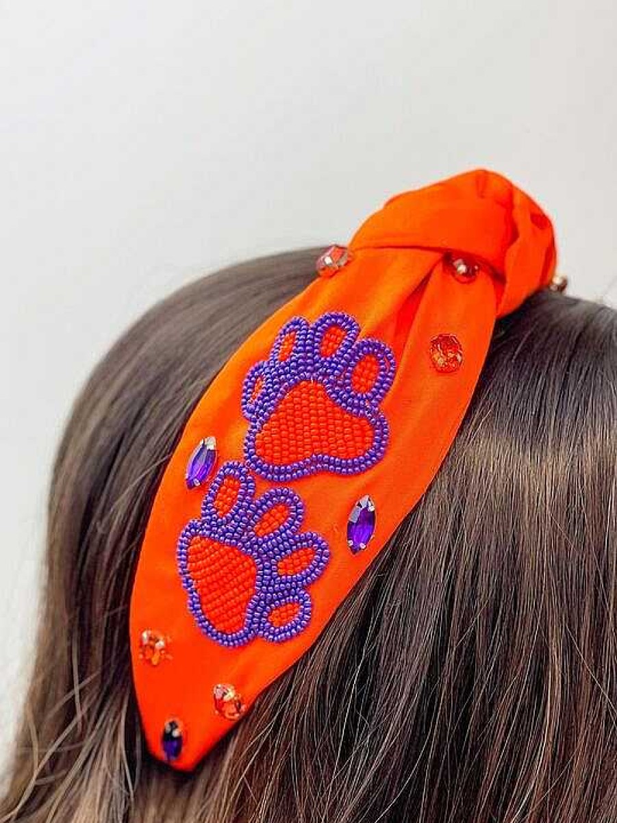 Accessories Prep Obsessed TL Headbands | Paw Print Game Day Embellished Headband - Orange & Purple