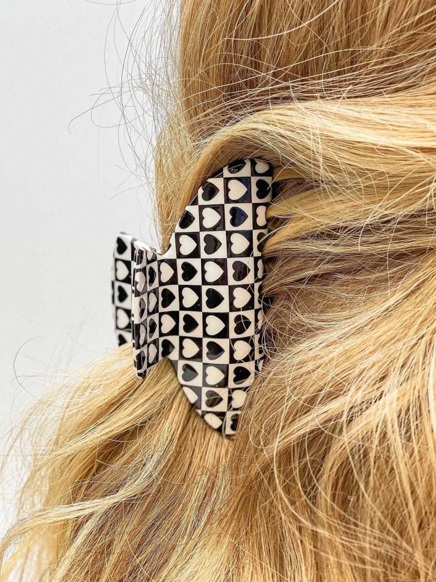 Accessories Prep Obsessed JJ Hair Ties & Clips | Black & White Checker Design Claw Clip - Heart