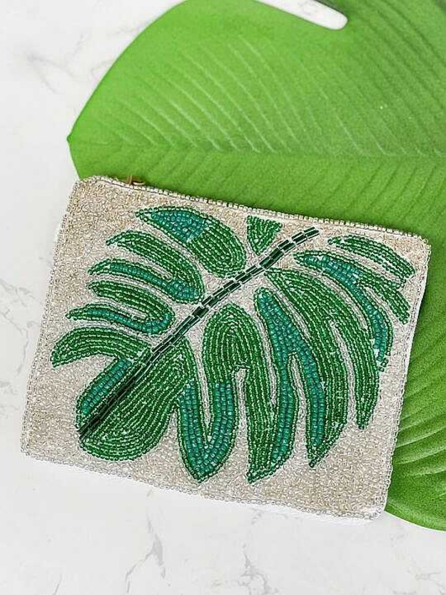 Accessories Prep Obsessed TI Wristlets & Clutches | Palm Leaf Beaded Petite Wristlet - Silver