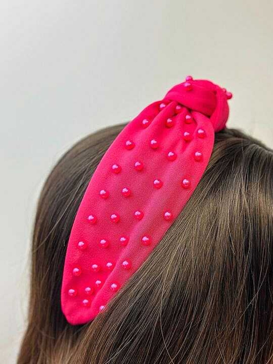 Accessories Prep Obsessed JS Headbands | Fuchsia Pearl Embellished Top Knot Headband