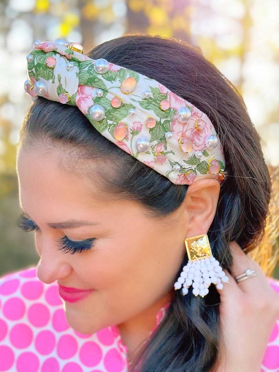 Accessories Brianna Cannon Headbands | Light Pink Hibiscus Crystal & Pearl Embellished Headband By Brianna Cannon