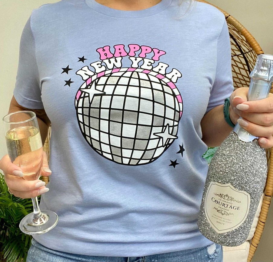 Clothing Prep Obsessed MM Graphic Tees | Happy New Year' Disco Ball Short Sleeve Graphic Tee