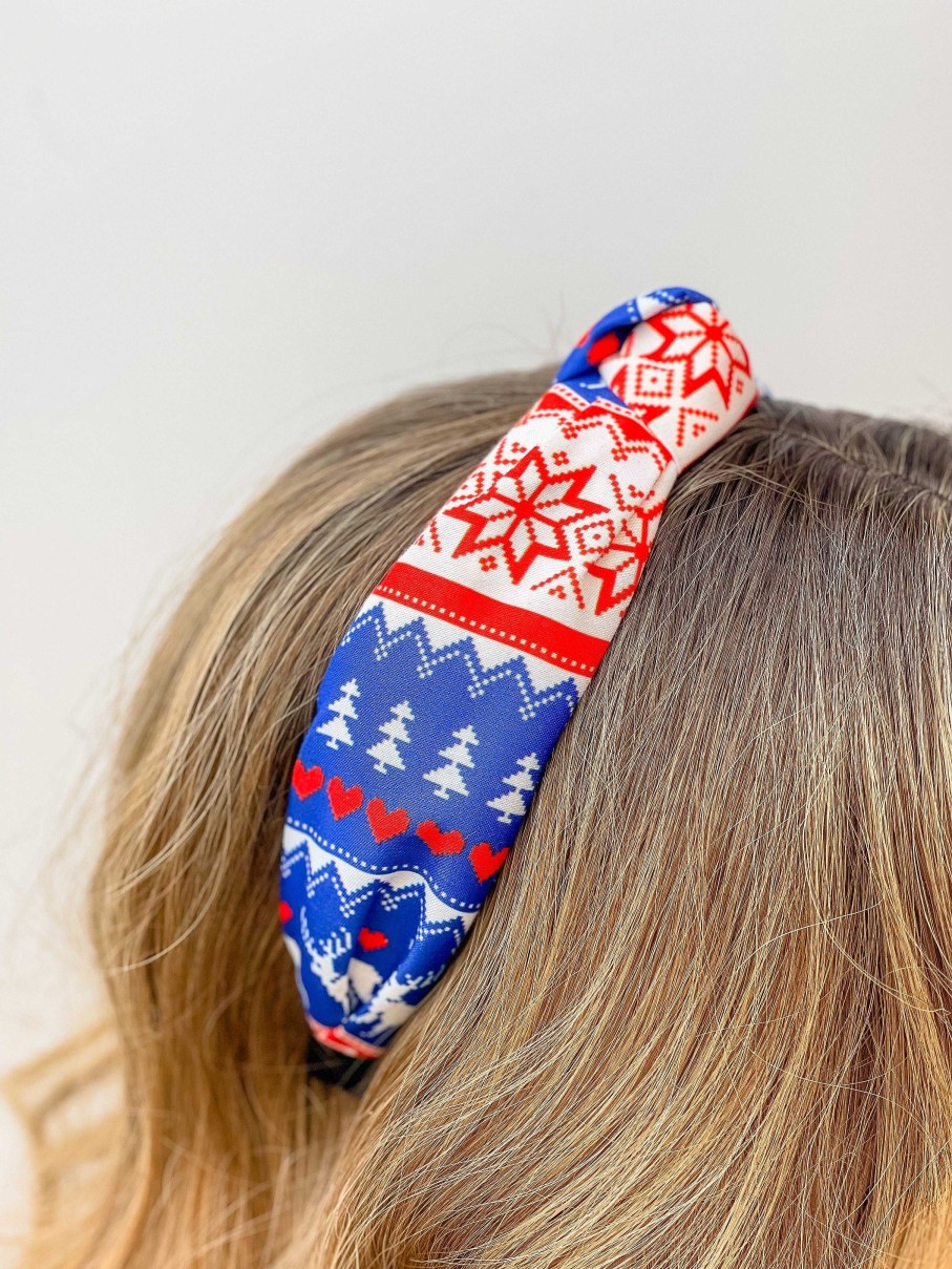 Accessories Prep Obsessed LM Hair Ties & Clips | Fair Isle Printed Top Knot Headband - Red & Blue