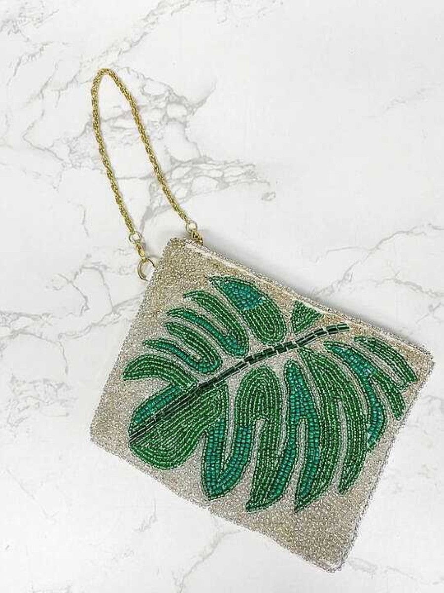 Accessories Prep Obsessed TI Wristlets & Clutches | Palm Leaf Beaded Petite Wristlet - Silver