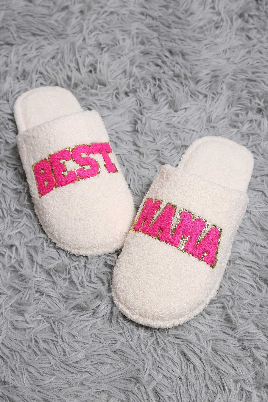 Shoes Prep Obsessed JTC | Best Mama' Embroidered Fuzzy Slippers - White